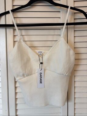 Garage Off-White Ribbed V-Neck Cropped Cami with Adjustable Straps